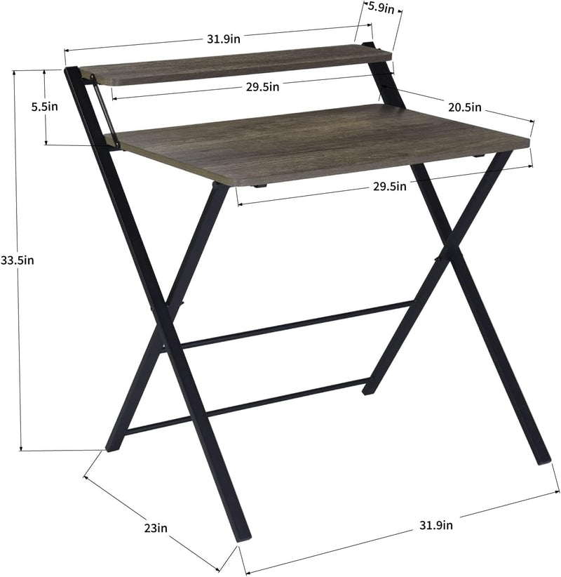 Furniturer 32'' Folding Desk No Assembly Required Desk 2 Tier Computer Desk for Study Home Office, Portable Foldable Laptop Table with Metal Frames/Wood Top, Rustic Brown