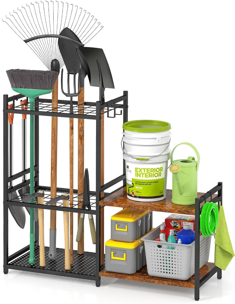 Garage Tool Organizer with 2-Tier Wooden Shelves, Yard Tool Organizer for Garage with 6 Hooks, Heavy Duty Steel Garden Tool Rack Holds up to 35 Long Handled Yard Tools for Storage, Black