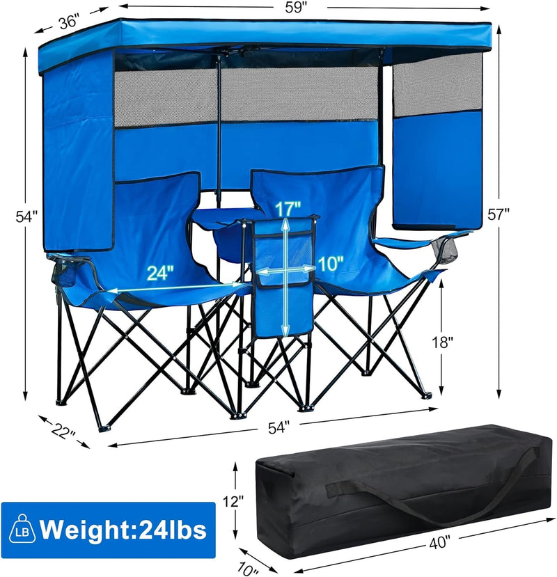 Double Camping Chair with Canopy Shade Beach Chairs with Cup Holder Heavy Duty Folding Loveseat for outside Lawn Patio