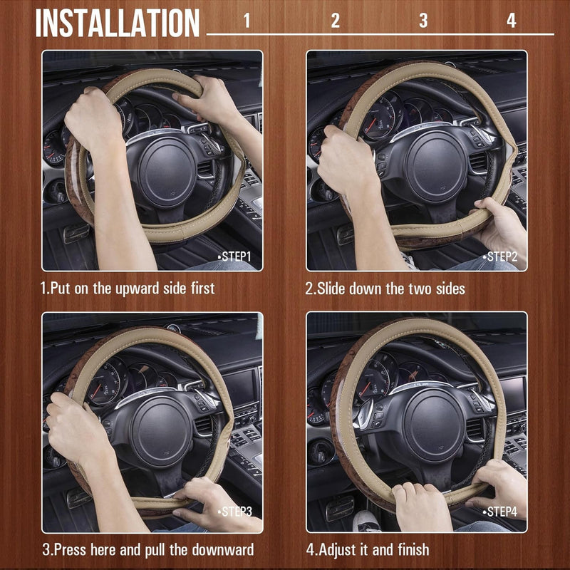 CAR PASS Wood Grain Microfiber Leather Steering Wheel Cover, Universal Fit for 14 1/2-15 Inch Beige Steering Wheel, Anti-Slip Veins Design, Cars,Suvs,Minivans, Sedans (Beige)