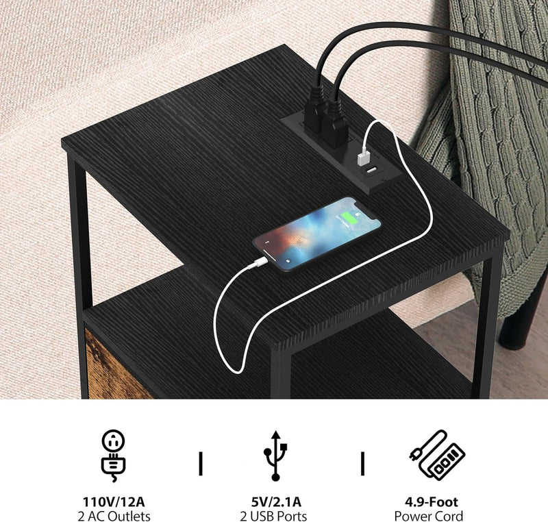 DOMYDEVM Black Nightstand with Charging Station Bedroom Night Stand Bedside Table with USB Ports and Outlets Small Side End Table with 2 Fabric Storage Drawers for Living Room Dorm