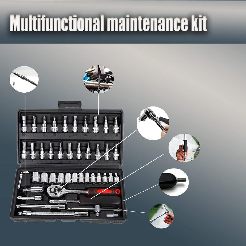 46Pcs Drive Socket Ratchet Wrench Set, 1/4 Inch Metric Hex Socket Set & Bit Socket Set & Extension Bars, Car Tools Kit for Automotive Repair & Household