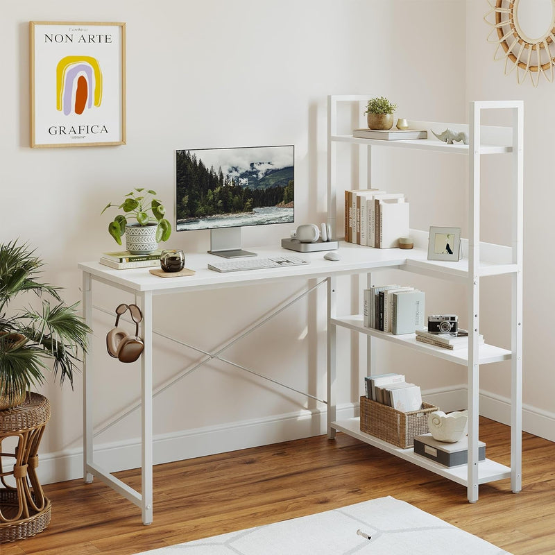 Cubicubi Computer Corner Desk with Storage Shelves, 47 Inch L Shaped Desk with Bookshelf, Home Office Writing Desk with Hooks, Small L Study Table, Rustic Brown