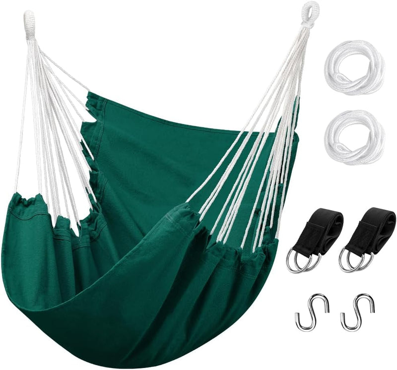 Hammock Chair Hanging Rope Swing, Max 300 Lbs Hanging Chair with Pocket- Quality Cotton Weave for Superior Comfort & Durability Perfect for Outdoor, Home, Bedroom, Patio, Yard (Dark Green)