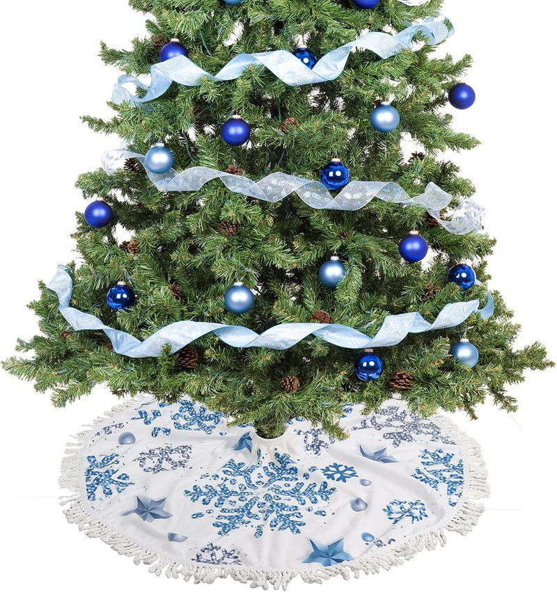 30 Inch Small Christmas Tree Skirts Silver Blue Snowflake Christmas Decorations Tree Mat Holiday Party Home Decoration with Tassel