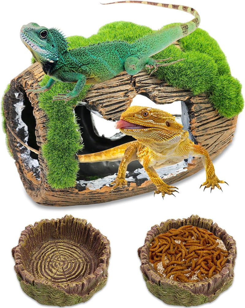 3Pcs Reptile Hide Cave Small Lizard Reptile Food＆Water Bearded Dragon Bowls Accessories,Natural Resin Hollow Tree Trunk Hideout,Hermit Crab Supplies Trunk Snake Gecko Frogs Fish Tanks Decor