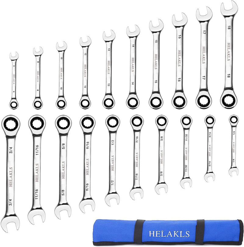 10-Piece 1/4-3/4 Inch Ratchet Wrench Set Chrome Vanadium Steel SAE Combination Box Open Ended Standard Kit Tool for Mechanic with Portable Suspended Canvas Bag