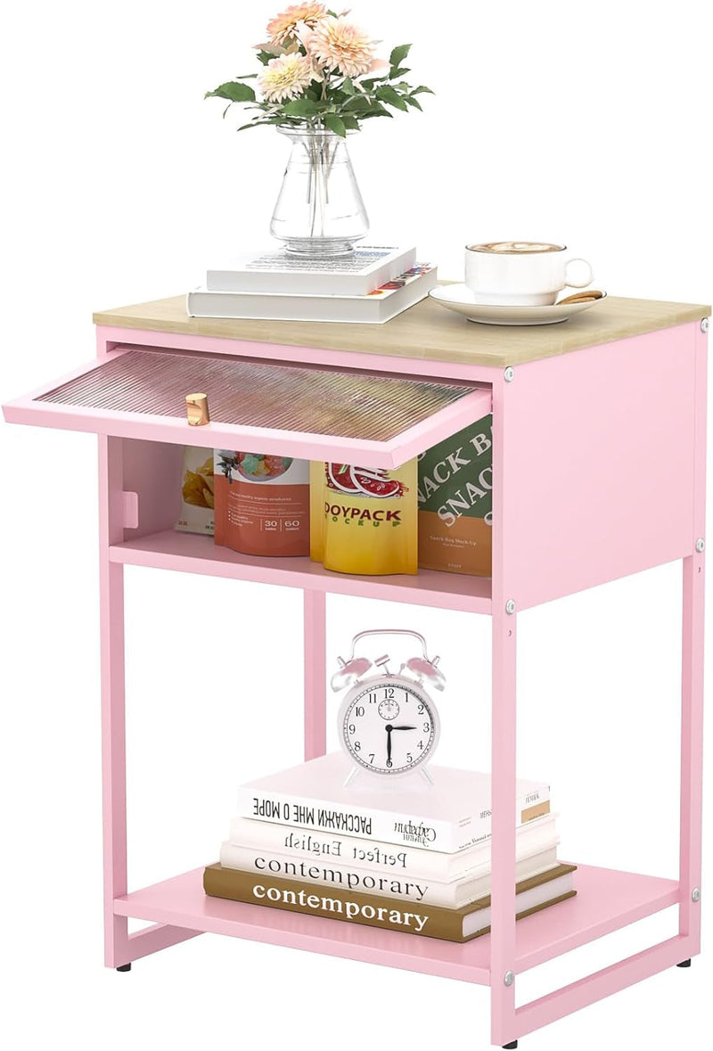 Cute Nightstand,End Tables with Storage Drawer,Bedside Table with Open Storage Shelf,Metal Side Table,Durable Wood Top Side Table for Bedroom,Living Room,Dorm,Guest Bedroom,Pink