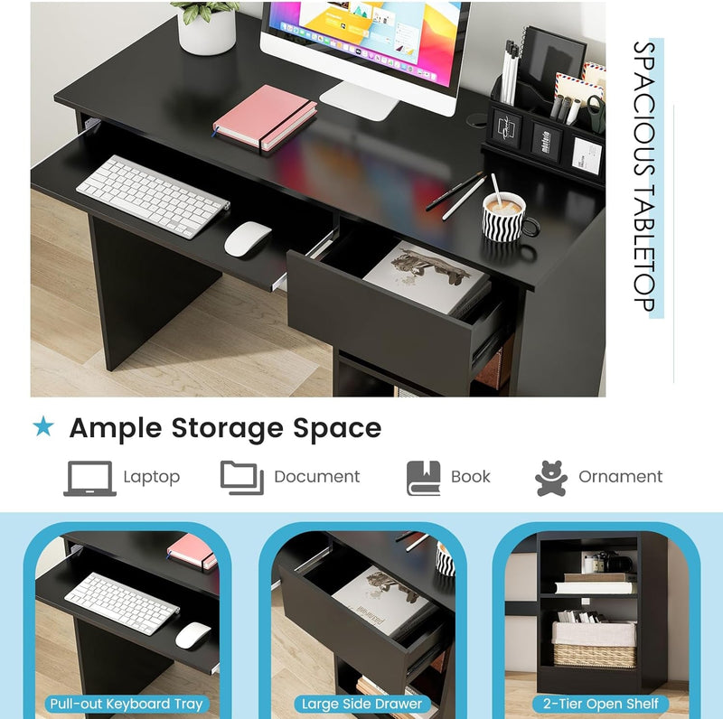 COSTWAY Computer Desk with Keyboard Tray, Large Drawer, Home Office Desk with Adjustable Shelf & Cable Hole, Study Desk, Modern Writing Workstation, PC Laptop Table (Black)