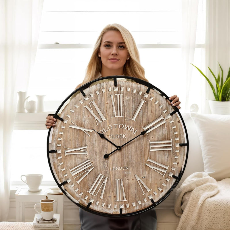 24 Inch Large Farmhouse Wall Clock, Rustic Antique Wood with Metal Circle and Large Engraved Numerals, Silent Battery Operated Wall Clock for Office Kitchen Bedroom Living Room