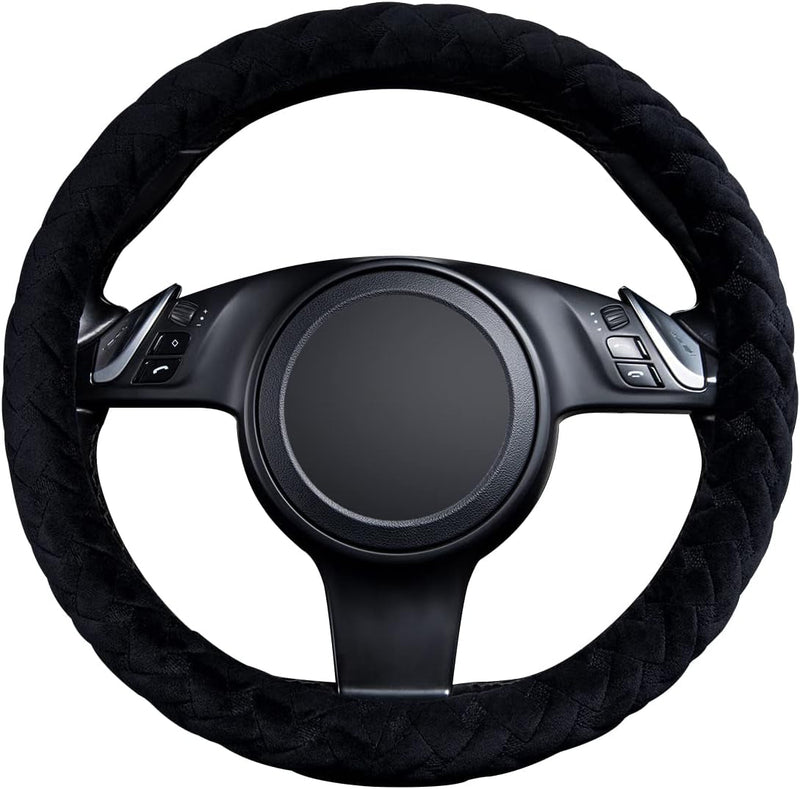 Flying Banner Car Steering Wheel Cover Soft Velvet Warm Universal Size 15 Inches SUV Truck anti Slip Odorless Summer Winter (Black, Velvet Massage)