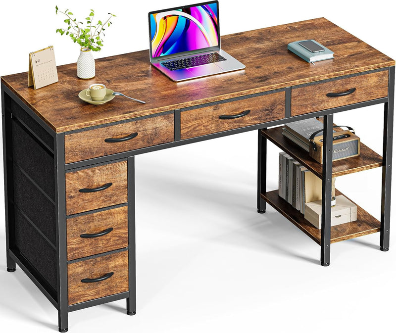 Computer Desk with 6 Drawers, 47 Inch Office Desk with Shelves, Reversible Gaming Desk, Corner Desk with Storage, Work Desk for Home Office, Study, Living Room, Rustic Brown