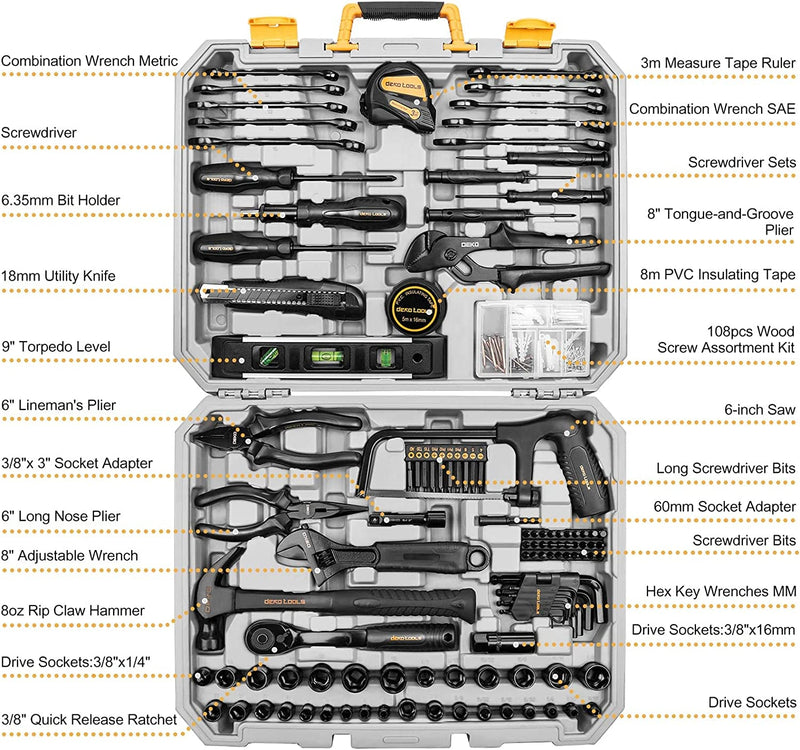 DEKOPRO 218-Piece General Household Hand Tool Kit, Professional Auto Repair Tool Set for Homeowner, General Household Hand Tool Set with Plier, Screwdriver Set, Socket Set, with Portable Storage Case