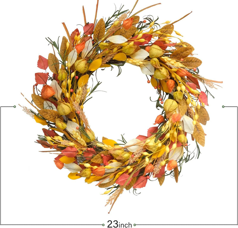 24 Inch Fall Wreath Berries Front Door Wreath Artificial Grain Wreath Harvest Wheat Ears Garland Autumn Wreath for Home Wall Fall Festival Decor (23In Fall Wheat Ears Wreath)