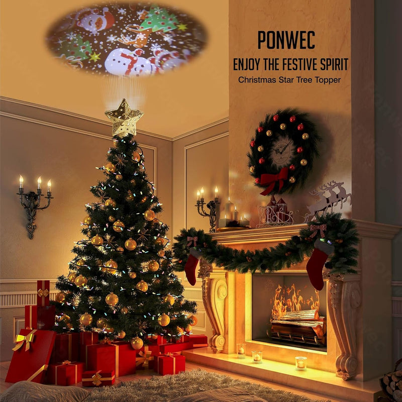 Christmas Tree Star Topper Projector - Ponwec Gold Tree Topper with LED 3D 360°Rotating Lights,6 Projection Pattern Glitter Star Projector Adjustable Xmas Tree Topper for Christmas Tree Decorations