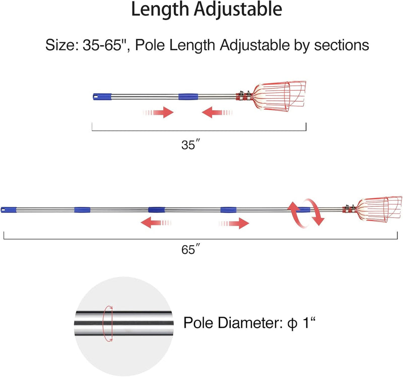Donsail Fruit Picker Pole Tool with Basket Telescoping Long Handle, 35-65 Inch Adjustable Apple Orange Picker Pole Tool with Basket for Avocado Acorn Lemon Pear Mango Tree Picker