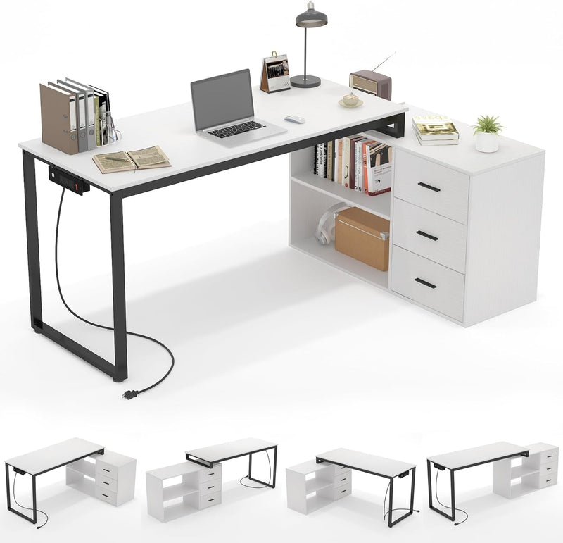 Computer Desk with Drawers and Shelves,55 Inch Large L Shaped Office Desk with Storage,Writing Study Desk with Power Outlets,Corner White Gaming Desk for Home Office