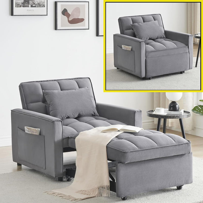 3 in 1 Sleeper Chair with Pullout Bed, Convertible Lazy Recliner Sofa Chair with Storage Pockets & Adjustable Backrest, Comfortable Folding Ottoman Bed Sleeper for Living Room (Grey)