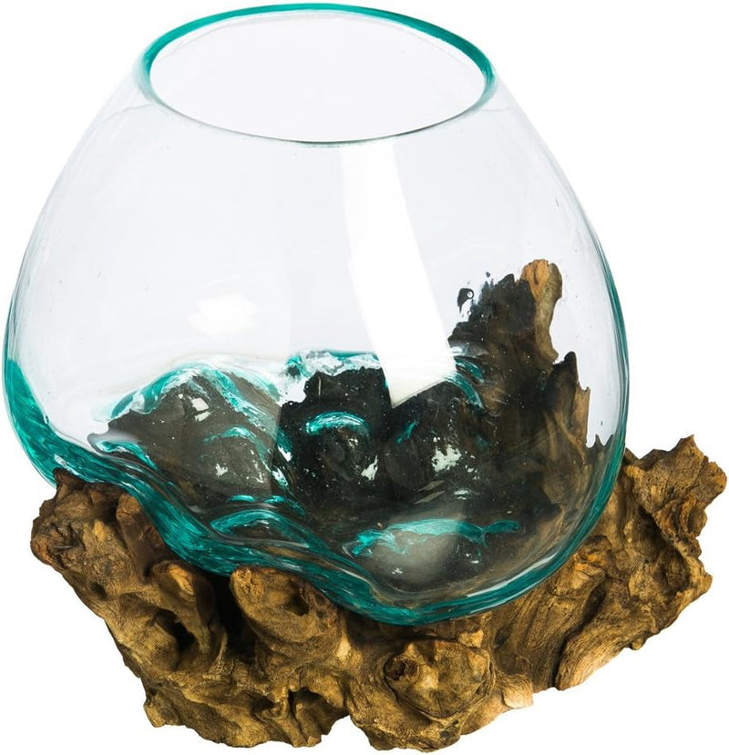 Cape Craftsmen 7-Inches Tall Hand-Blown Blue Tinted Bubble Glass on Natural Teak Driftwood Terrarium | Home Décor Indoor Planter with Stand | Pot for Succulent and Plants