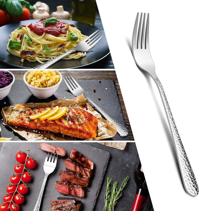 E-Far 12-Piece Stainless Steel Hammered Dinner Forks Set, Salad Flatware Forks Use for Home, Kitchen, Restaurant, round Edge & Mirror Polished, Dishwasher Safe - 7.9 Inches