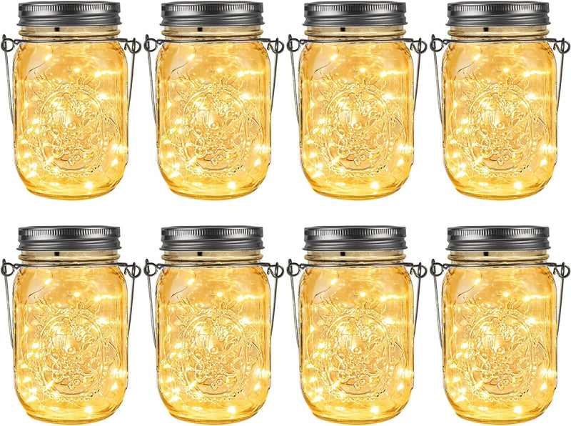 GIGALUMI Hanging Solar Mason Jar Lights, 6 Pack 30 Led String Fairy Lights Hanging Solar Lanterns Outdoor Waterproof, Hangers and Jars Included, Outdoor Decor for Christmas, Wedding, Garden, Patio