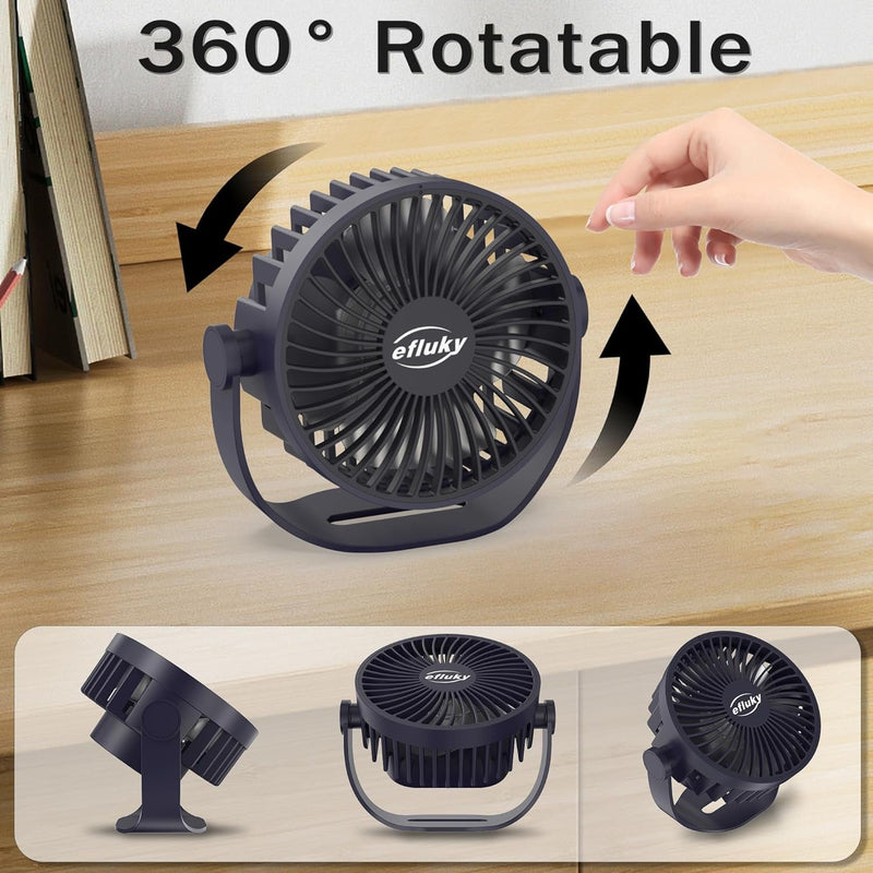 Efluky USB Small Desk Fan, 3 Speeds USB Rechargeable Fan Built-In Battery, 360° Adjustment Portable Mini Fan Suitable for Home, Office and Travel, Blue