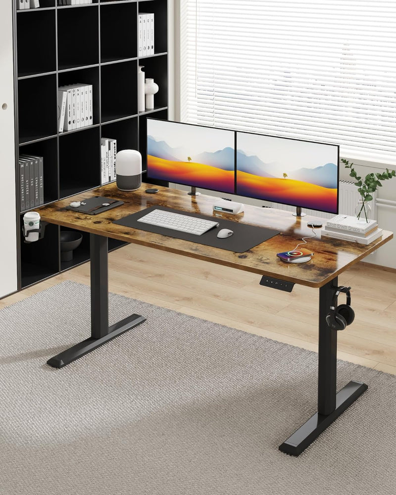 Electric Standing Desk, 43 Inch Height Adjustable Home Office Table with Headphone Hook and Cup Holder, Black Legs/Rustic Brown Top