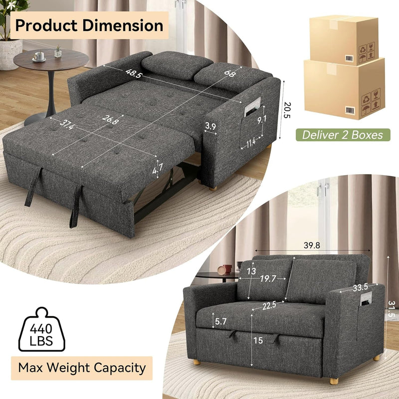 49" 2-Seater Loveseat Futon Sofa, 3-In-1 Convertible Sofa Bed, Linen Fabric Sleeper Couch Pull Out Bed with Spring Support,Adjustable Backrest, 2 Pillows for Living Room