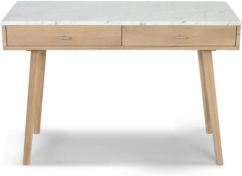 Bianco Viola 44" Rectangular Italian Carrara White Marble Writing Desk with Oak Legs