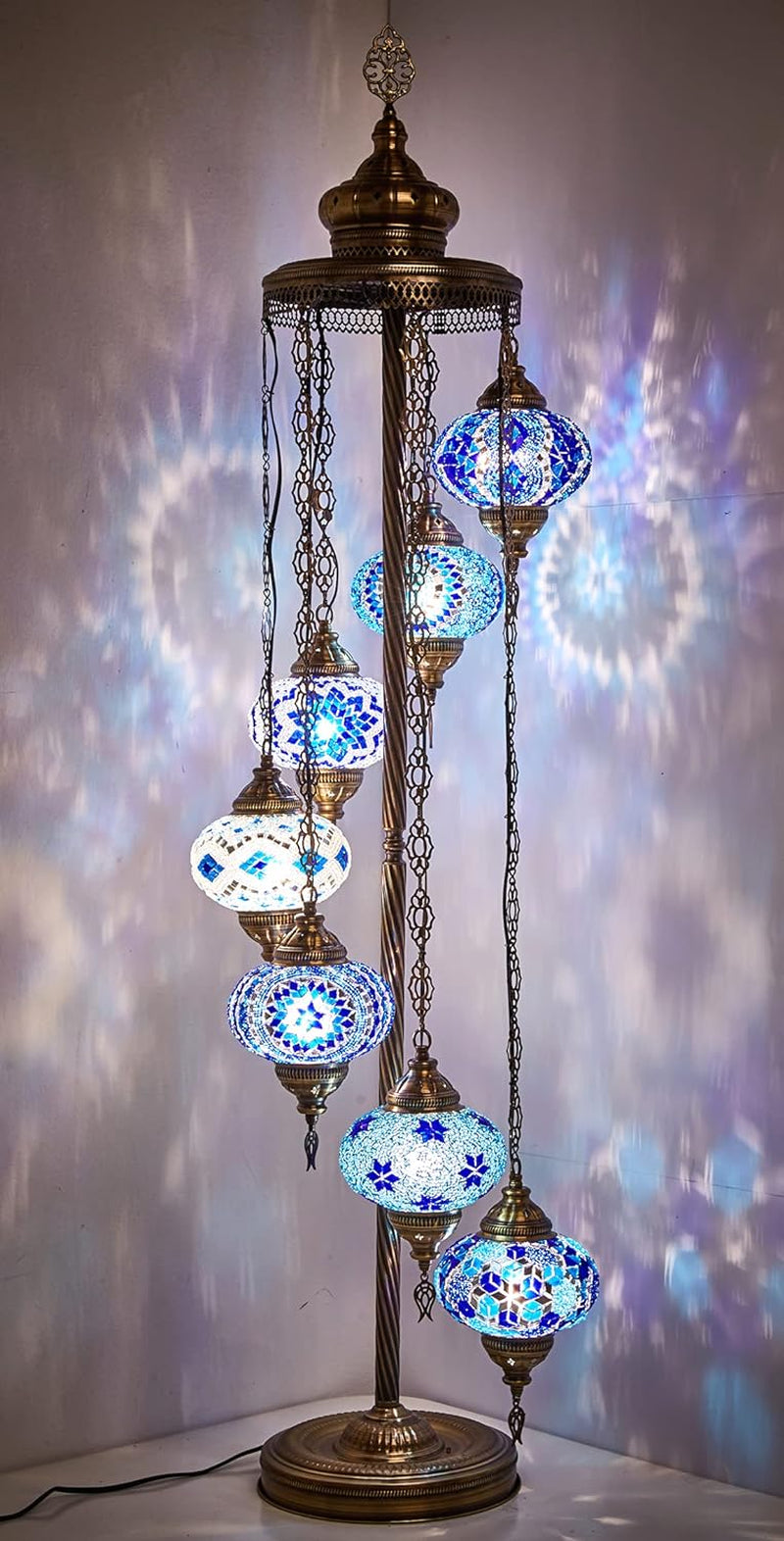 DEMMEX - 7 BIG GLOBES Turkish Moroccan Mosaic FLOOR Lamp Light, Bohemian Boho Tiffany Mosaic Floor Lamp with NORTH AMERICAN PLUG & SOCKET, 5' (Blue Mix)