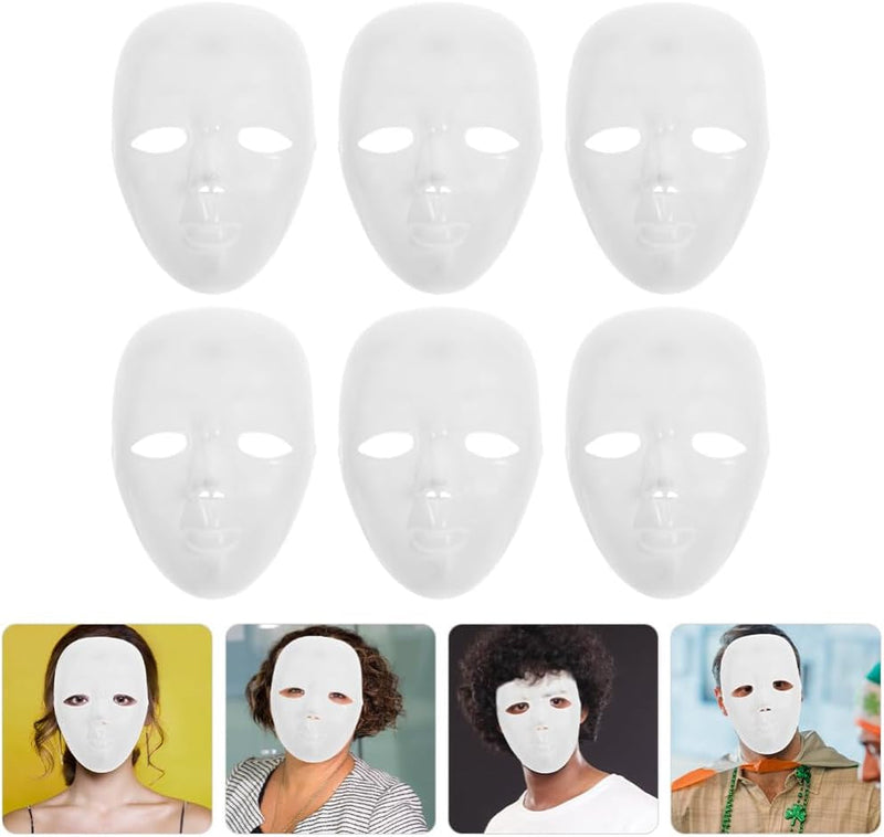 6Pcs White Plain Masks, Masquerade Plastic Blank Mask, Cosplay Mask Prop Full Facial Mask DIY Full Face Paintable Mask for Crafts, Mardi Gras and Halloween Costumes