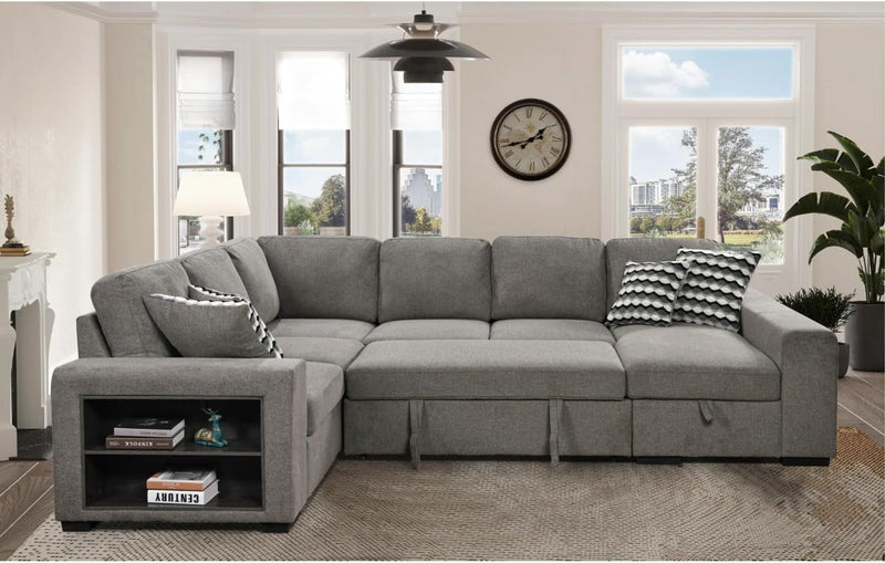 125' Oversized Sectional Sleeper Sofa Bed with Storage Chaise and Pull-Out Bed, 6-Seater Fabric U-Shaped Sectional Couches with Bulit-In Storage Arm for Living Room - Light Grey