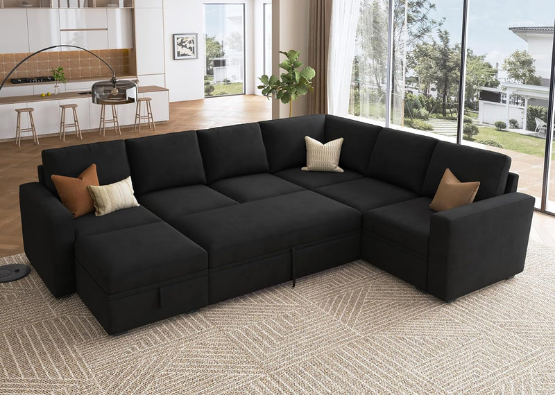 HONBAY Modular Sectional Sleeper Sofa Bed, Velvet Sectional Couch with Pullout Bed U Shaped Modular Couch with Storage Ottoman for Living Room, Black