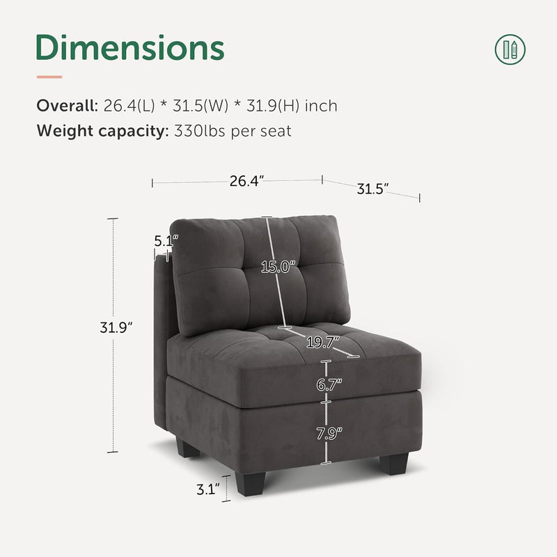 HONBAY Middle Seat Module for Velvet Modular Sectioanl Sofa, Accent Armless Chair with Storage, Grey