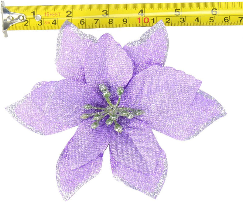 12Pcs 5 Inch Glitter Artificial Poinsettia Flowers with Ties for Wedding Christmas Festival Holiday Decor Xmas Wreath Garland Ornament Purple