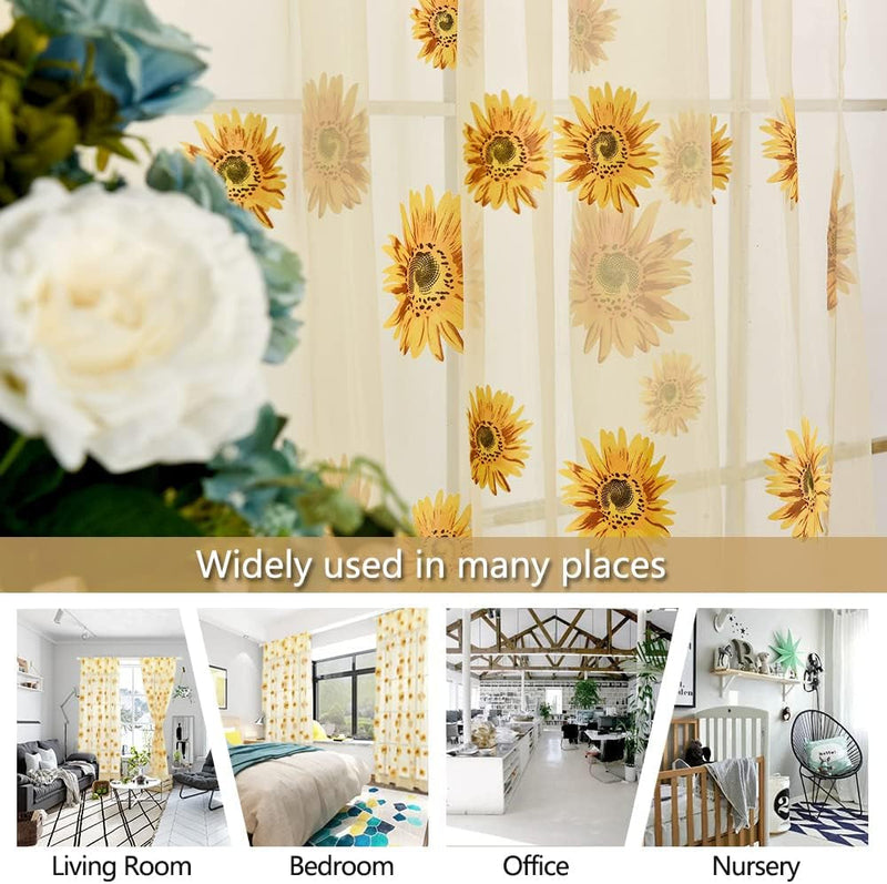 2PCS Sunflower Curtains Yellow Sheer Window Curtains with 2 Curtain Tiebacks Rope for Bedroom Living Room Kitchen Decor, Rod Pocket Window Treatments W39 X L79