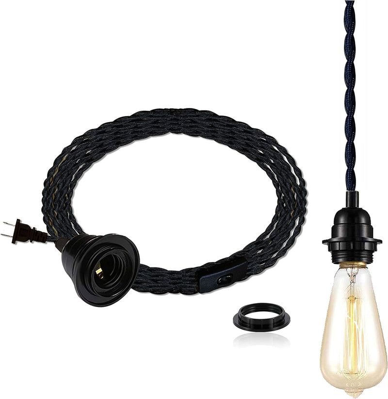 DIY 15Ft Plug in Black Pendant Light Cord - Industrial Vintage Ceiling Hanging Light Kit with Twisted Hemp Rope Switch Fabric Lamp Cord E26 Socket Set Edison Lighting Fixture Cable Farmhouse Kitchen