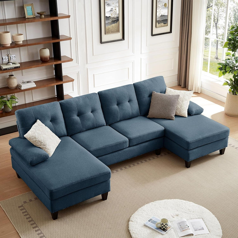 111" Sectional Couches for Living Room, Modern Polyester Fiber U-Shaped Sofa Couch with Double Chaise and Widen Armrest, 4 Seat Sofa Set for Apartment, Blue