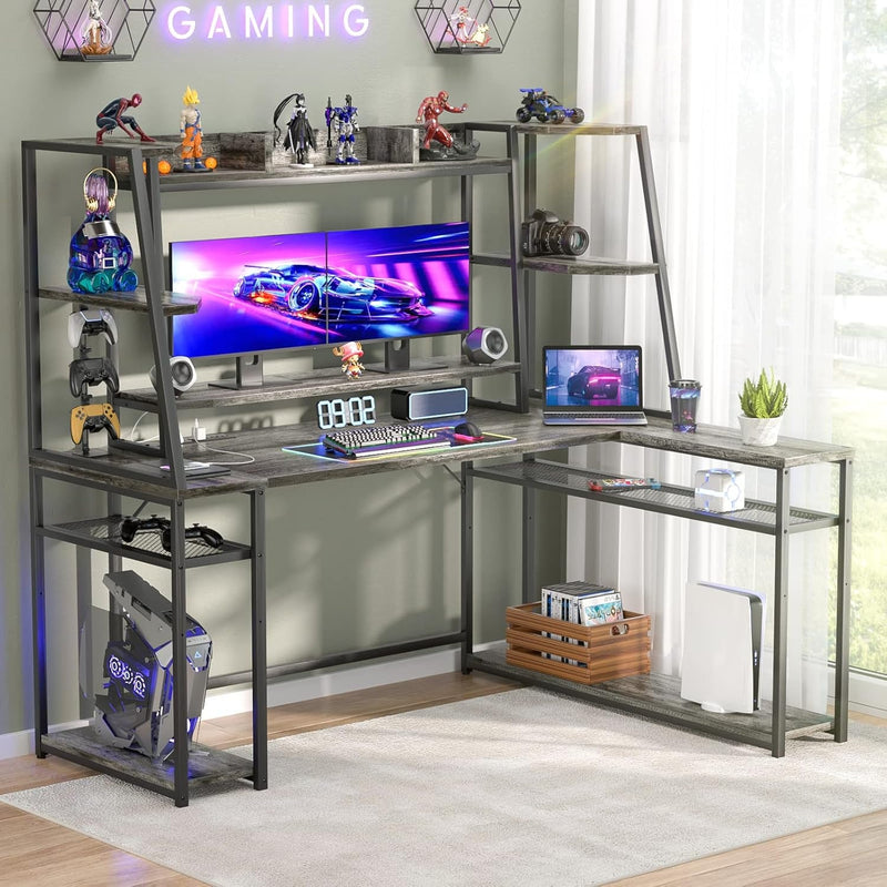 63'' Large L Shaped Gaming Desk with LED Lights & Power Strips, Reversible Gaming Table Desk with Hutch, L-Shaped PC Gaming Desk with Storage, L Gamer Desk with Monitor Stand & Hook, Grey Oak