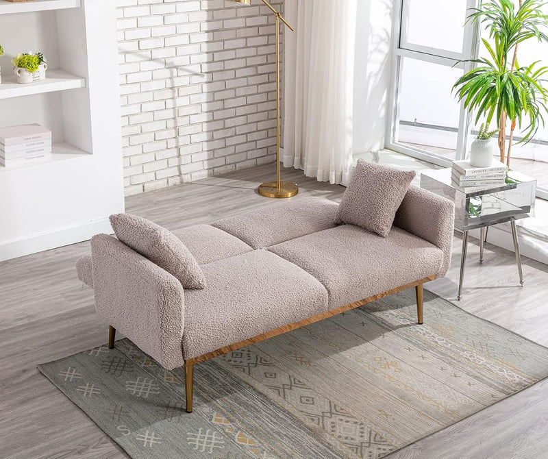 Antetek Futon Sofa Bed with 3 Adjustable Positions, Small Sleeper Sofa Loveseat with 2 Decorative Pillows, Modern Upholstered Convertible Couch with 5 Metal Tapered Legs, Grey Teddy