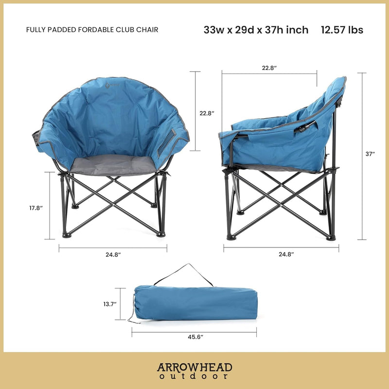 ARROWHEAD OUTDOOR Oversized Heavy-Duty Club Folding Camping Chair W/External Pocket, Cup Holder, Portable, Padded, Moon, Round, Saucer, Supports 330Lbs, Carrying Bag, Usa-Based Support