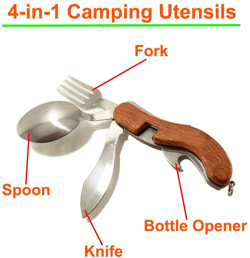 4-In-1 Camping Tableware Utensils, Portable & Detachable Stainless Steel Spoon Fork Knife & Bottle Opener Combo Set - Travel, Backpacking Cutlery Multitool