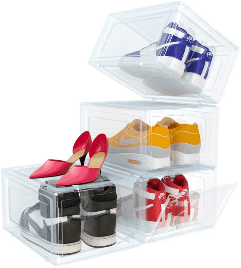 4 Pack Shoe Storage Boxes, Large Clear Plastic Stackable Shoe Box with Clear Door, Shoe Organizer Storage Bins, Sneaker Storage for Display Fit up to US Size 12 Furniture > Cabinets & Storage > Armoires & Wardrobes Ordenado White  