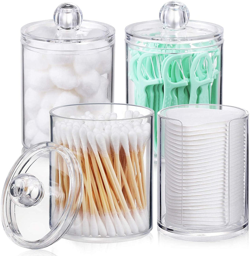 4 Pcs, 10 OZ Qtip Holder Dispenser for Cotton Ball, Cotton Swab, Cotton round Pads, Floss - Clear Plastic Apothecary Jar Set for Bathroom Canister Storage Organization, Vanity Makeup Organizer Home & Garden > Household Supplies > Storage & Organization AOZITA 4 Pack 10OZ  