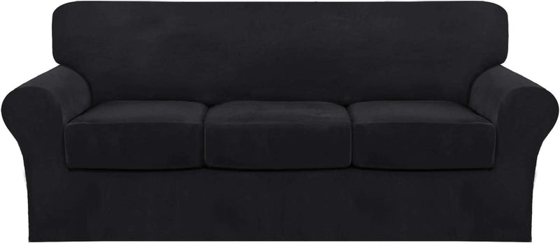 4 Piece Sofa Covers Velvet Couch Covers for 3 Cushion Couch Stretch Sofa Slipcover with Individual Seat Cushion Covers Elastic Furniture Protector for Pets, Machine Washable (Sofa, Ivory) Home & Garden > Decor > Chair & Sofa Cushions FantasDecor Black Sofa 