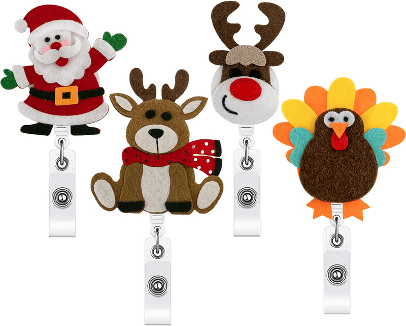 4 Pieces Holiday Badge Reels,Christmas Badge Reel, Accurate Stitching, Reinforced Strap, Easy to Use, Alligator Clip,Retractable Id Felt Badge Clip Christmas Reindeer Santa Claus Thanksgiving Turkey Home & Garden > Decor > Seasonal & Holiday Decorations& Garden > Decor > Seasonal & Holiday Decorations QZYL Reindeer,Santa Claus,Turkey  
