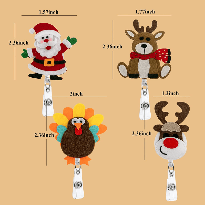 4 Pieces Holiday Badge Reels,Christmas Badge Reel, Accurate Stitching, Reinforced Strap, Easy to Use, Alligator Clip,Retractable Id Felt Badge Clip Christmas Reindeer Santa Claus Thanksgiving Turkey Home & Garden > Decor > Seasonal & Holiday Decorations& Garden > Decor > Seasonal & Holiday Decorations QZYL   