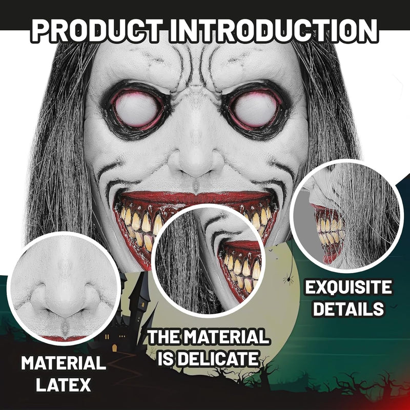 Creepy Smiling Demon Mask Costume Halloween Scary Evil Mask with Grey Hair Horror Ghost Mask Cosplay Prop for Adults