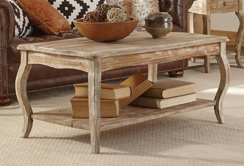 Alaterre Austerity Reclaimed Wood Coffee Table with Open Shelf, Accent & Occasional Furniture for Living Room, Curved Legs, Scalloped Edge, Assemble Required, Driftwood