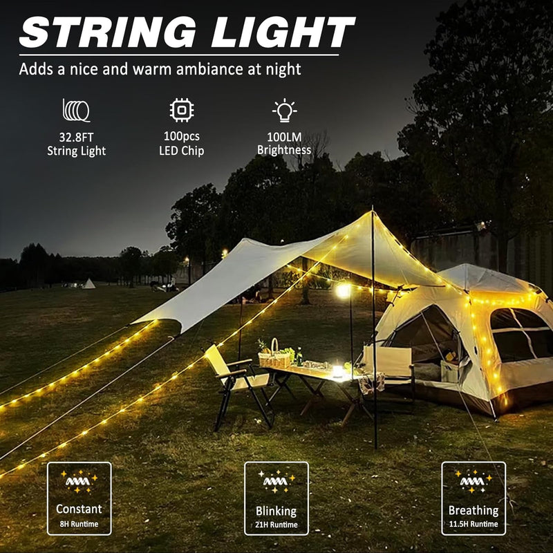 1-Pack Camping String Light W/Lamp, 32.8FT Rechargeable Waterproof LED Hanging Light for Outdoor Camping Awning Tent Garden Party Festival Decor